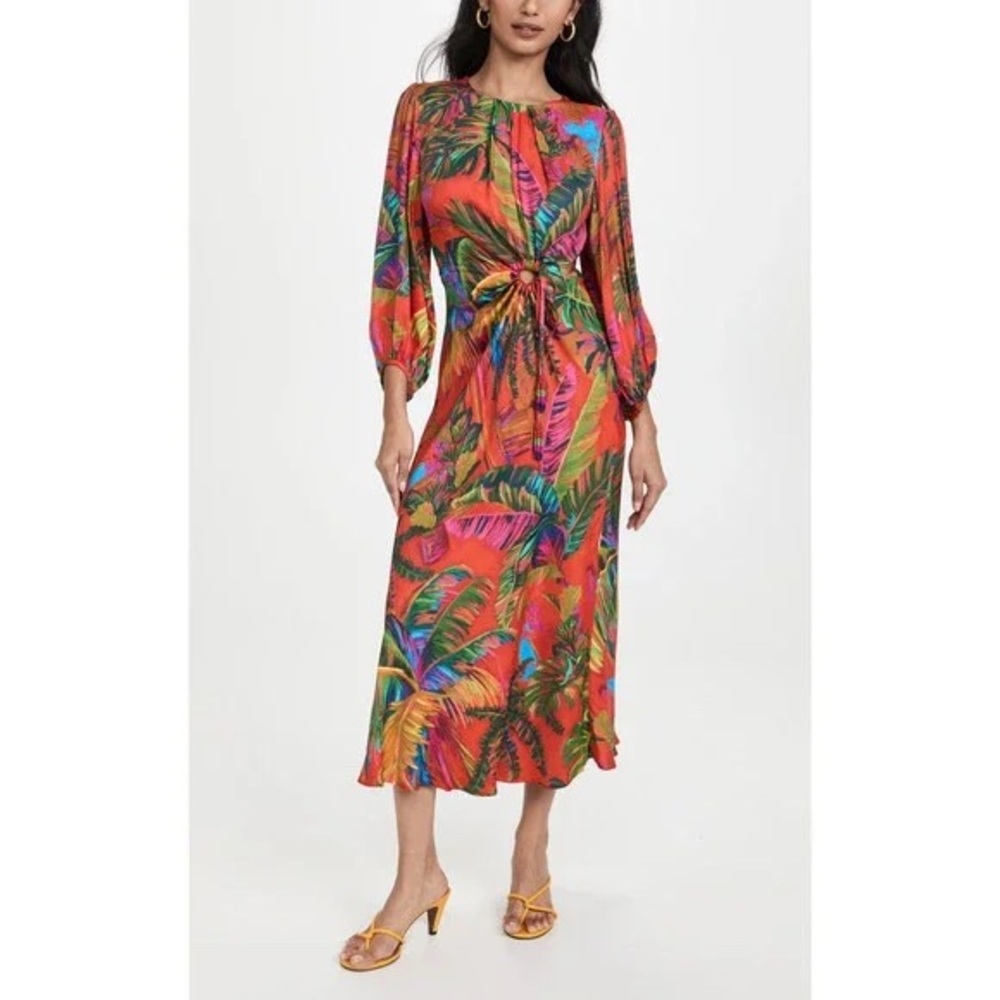 New Farm Rio Dress S Orange Tropical Floral Side Cut-Out Midi Peasant Sleeve M
